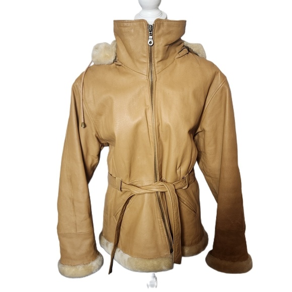 Vintage XL Leather Fur Trim Shearling Belted Coat Tan Marcia Collection - Picture 4 of 13